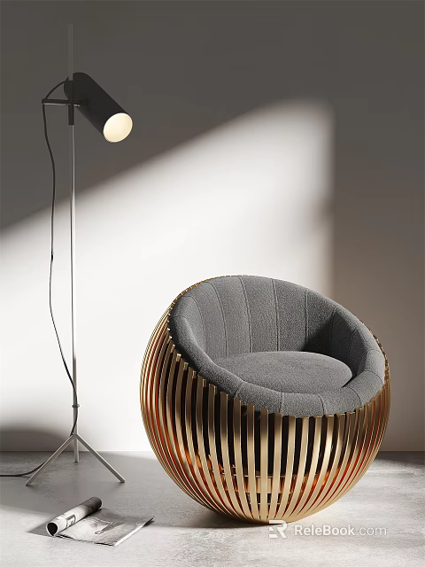 Gray Single Sofa With Gold Striped Frame And Plush Upholstery With Modern Floor Lamp 3d model 
