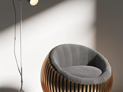 Gray Single Sofa With Gold Striped Frame And Plush Upholstery With Modern Floor Lamp 3d model