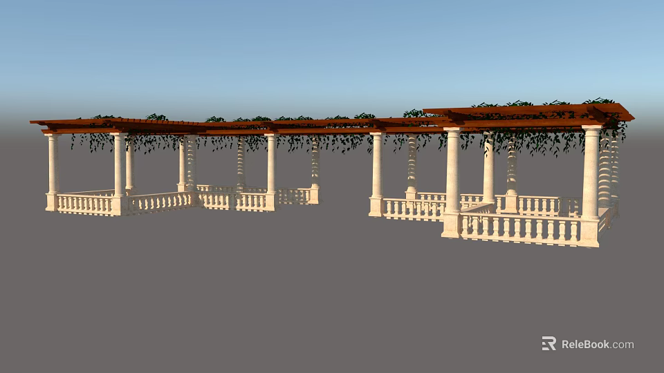 Elegant Garden Pergola With White Columns Wooden Roof Hanging Vines And Stone Railings 3d model 