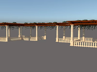 Elegant Garden Pergola With White Columns Wooden Roof Hanging Vines And Stone Railings 3d model
