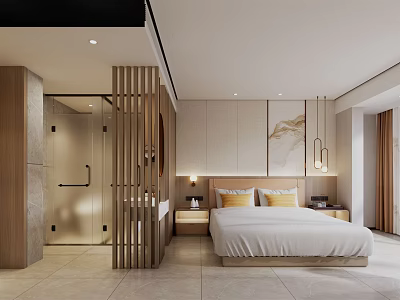 Modern Apartment Bedroom With Wooden Partition Bed Nightstand Pendant Light And Beige Light Wood Decor 3d model