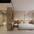 Modern Apartment Bedroom With Wooden Partition Bed Nightstand Pendant Light And Beige Light Wood Decor