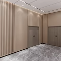 Modern Reception Area With Marble Walls Glass Doors Lighted Shelves And Marble Floor