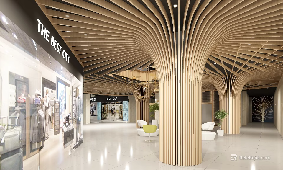 Modern Shopping Mall Atrium With Wooden Curved Columns And Lounge Area 3d model 