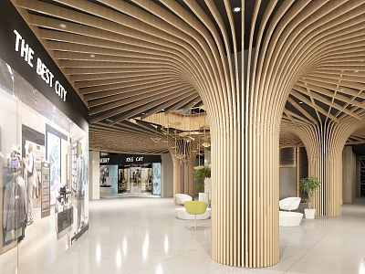 Modern Shopping Mall Atrium With Wooden Curved Columns And Lounge Area 3d model
