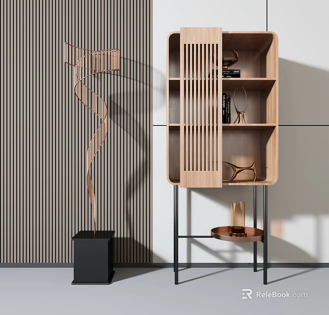 Modern Wooden Bookcase with Vertical Slats and Metal Frame in Sleek Design 3d model 