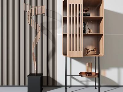 Modern Wooden Bookcase with Vertical Slats and Metal Frame in Sleek Design 3d model