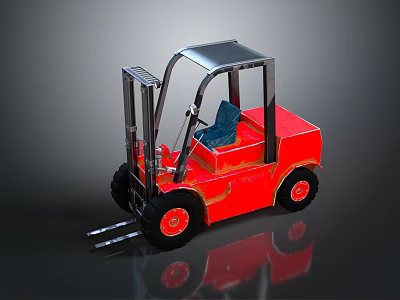 Red Toy Forklift Model With Blue Seat And Metal Forks On Gray Surface 3d model