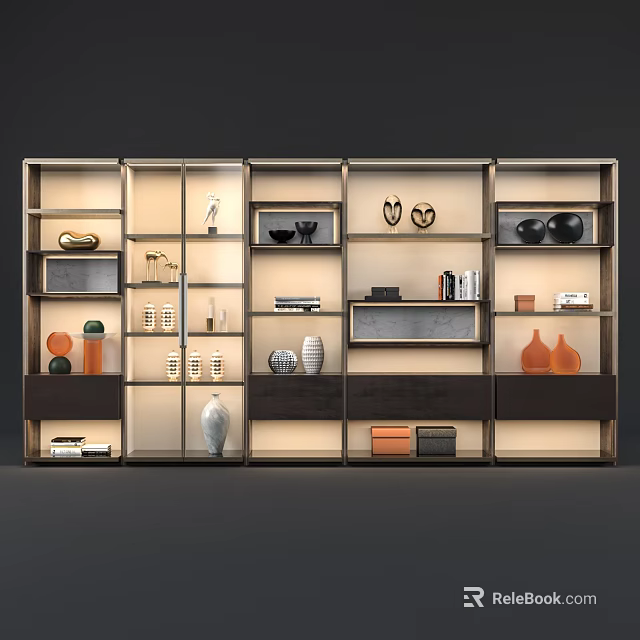 Modern Multi Shelf Display Cabinet With Open Storage And Decorative Vases Books Ornaments 3d model 