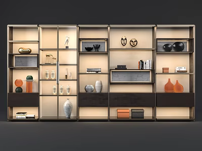 Modern Multi Shelf Display Cabinet With Open Storage And Decorative Vases Books Ornaments 3d model