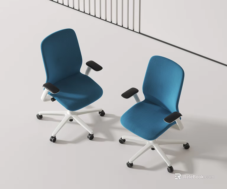 Pair of Modern Blue Leisure Chairs With Black Armrests White Base And Rolling Wheels 3d model 