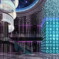Luxurious KTV Interior With Starry Ceiling Spiral Chandelier And Purple Gold Decorations