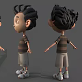 3D Cartoon Boy Character Model With Curly Hair Striped Shirt And Shorts From Multiple Angles