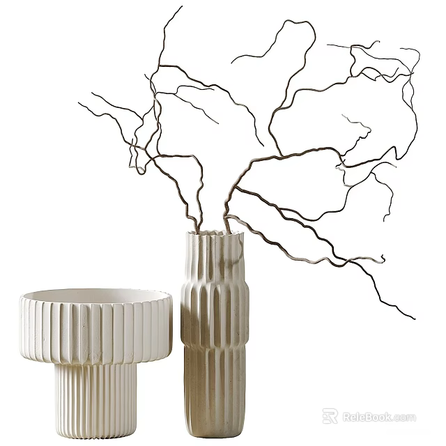 Two White Ribbed Ceramic Vases with Black Twigs as Decorative Home Display Pieces 3d model 