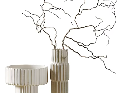 Two White Ribbed Ceramic Vases with Black Twigs as Decorative Home Display Pieces 3d model