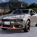 Modern Gray SUV Car With Orange Accents And Mountain Waterfront View