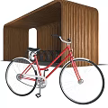 Modern Wooden Slatted Bike Shelter for Bicycle Parking with Red Bikes