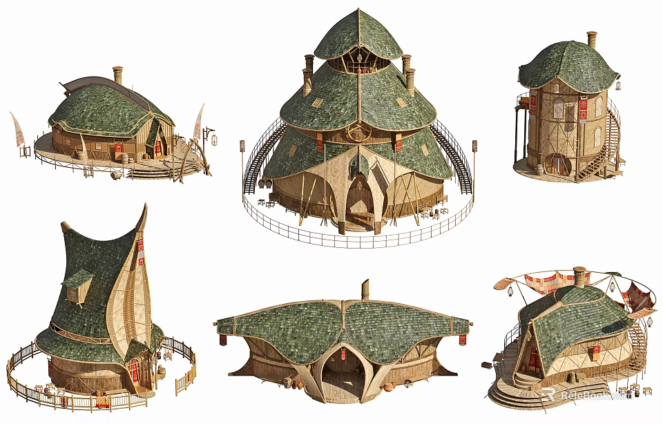 Ancient Architecture With Green Roofs Wooden Structures And Unique Dome Shapes 3d model 