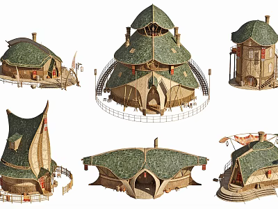 Ancient Architecture With Green Roofs Wooden Structures And Unique Dome Shapes 3d model