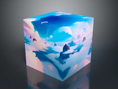 Cartoon Scene On Transparent Cube With Blue Sky White Clouds And Floating Mountains 3d model