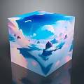 Cartoon Scene On Transparent Cube With Blue Sky White Clouds And Floating Mountains 3d model