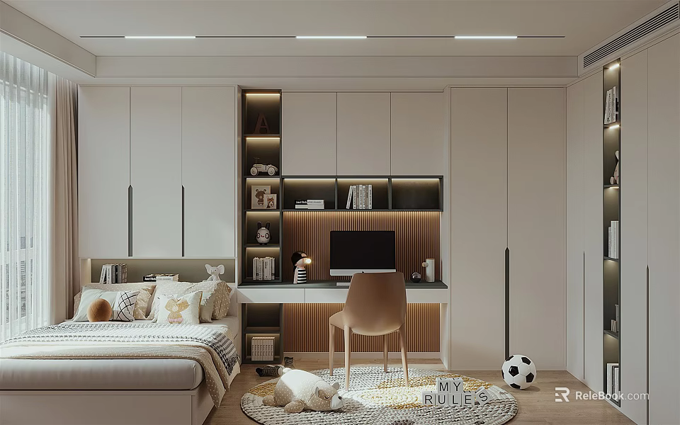 Cozy Tatami Bedroom Interior Design With Storage Cabinets Desk Chair And Books 3d model 