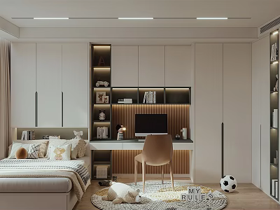 Cozy Tatami Bedroom Interior Design With Storage Cabinets Desk Chair And Books 3d model