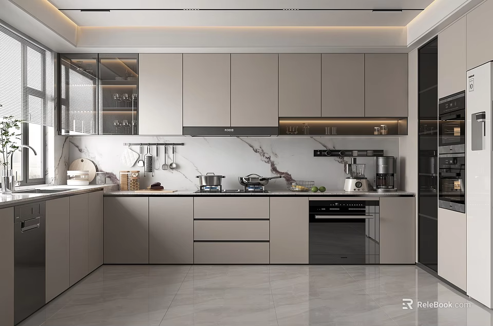 Modern Kitchen Interior With Gray Cabinets Marble Countertop And Built In Appliances 3d model 