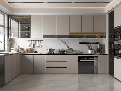 Modern Kitchen Interior With Gray Cabinets Marble Countertop And Built In Appliances 3d model