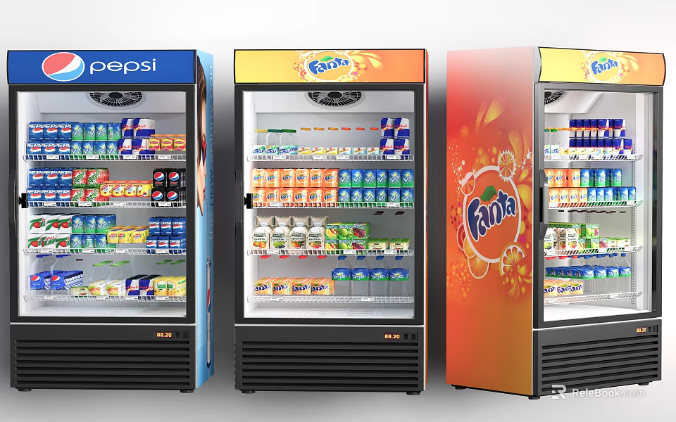 Commercial Beverage Display Refrigerators Stocked With Various Drinks Multiple Brands And Transparent Doors 3d model 