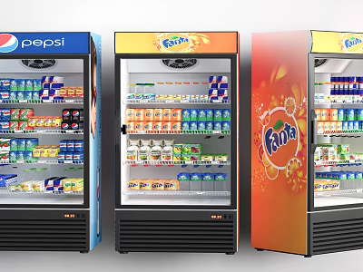 Commercial Beverage Display Refrigerators Stocked With Various Drinks Multiple Brands And Transparent Doors 3d model