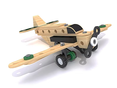 Wooden Airplane Toy For Kids With Propeller Wheels And Green Details 3d model