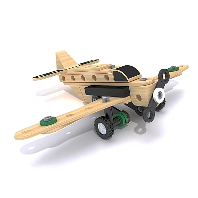 Wooden Airplane Toy For Kids With Propeller Wheels And Green Details 3d model