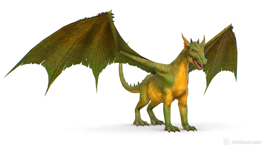 Detailed Mythical Green and Yellow Dragon Standing with Spread Wings 3d model 