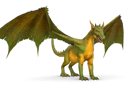 Detailed Mythical Green and Yellow Dragon Standing with Spread Wings 3d model