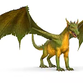 Detailed Mythical Green and Yellow Dragon Standing with Spread Wings
