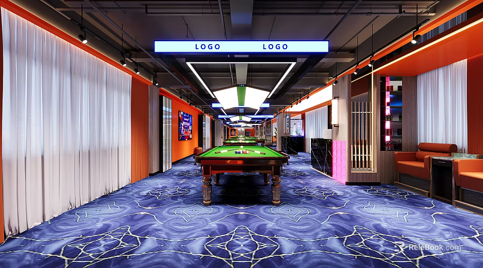 Modern Billiard Hall Interior With Green Billiard Table Decorative Carpet Orange Walls And Ceiling Lights 3d model 