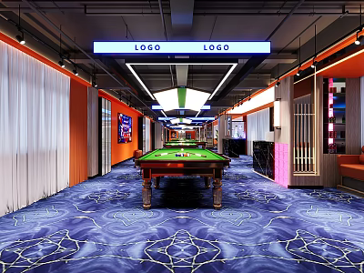 Modern Billiard Hall Interior With Green Billiard Table Decorative Carpet Orange Walls And Ceiling Lights 3d model