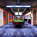 Modern Billiard Hall Interior With Green Billiard Table Decorative Carpet Orange Walls And Ceiling Lights