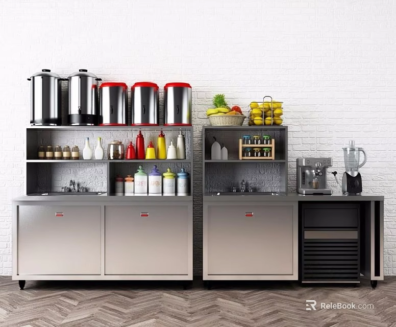 Functional Commercial Kitchen Table With Stainless Steel Cabinets Fruit Basket And Beverage Dispensers 3d model 