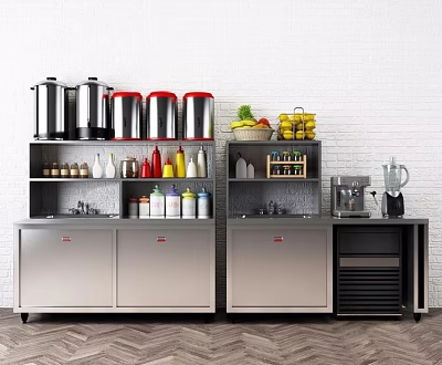 Functional Commercial Kitchen Table With Stainless Steel Cabinets Fruit Basket And Beverage Dispensers 3d model