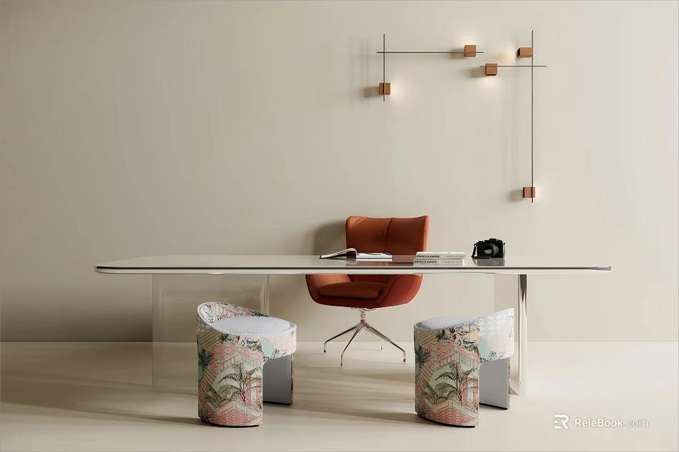 Modern Office Desk With Glass Top Orange Chair Floral Stools And Wall Mounted Lights 3d model 