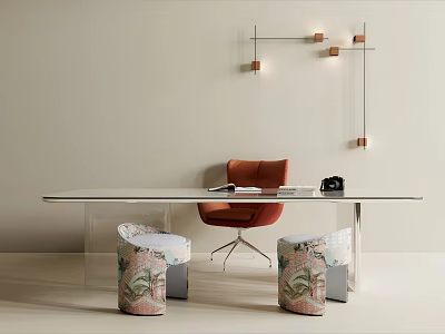 Modern Office Desk With Glass Top Orange Chair Floral Stools And Wall Mounted Lights 3d model
