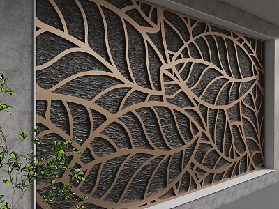 Leaf Pattern Cutout Background Wall With Metallic Frame And Green Plants 3d model