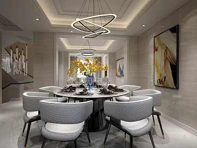 Elegant Modern Restaurant Interior With Round Dining Table Gray Chairs Chandelier And Decorative Art 3d model