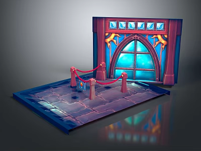 Cartoon Castle Gate Scene With Blue Stained Glass And Red Rope Barriers 3d model
