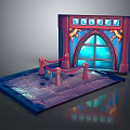 Cartoon Castle Gate Scene With Blue Stained Glass And Red Rope Barriers