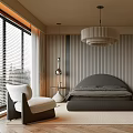 Modern Bedroom Interior With Gray Bed Striped Accent Wall And Herringbone Floor