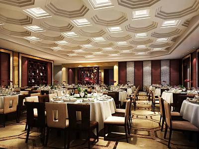 Luxurious Restaurant Interior With Round Dining Tables White Tablecloths And Elegant Ceiling Design 3d model