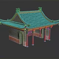 Cartoon Style Chinese Traditional Pavilion Scene With Green Roof Red Pillars And Decorative Eaves